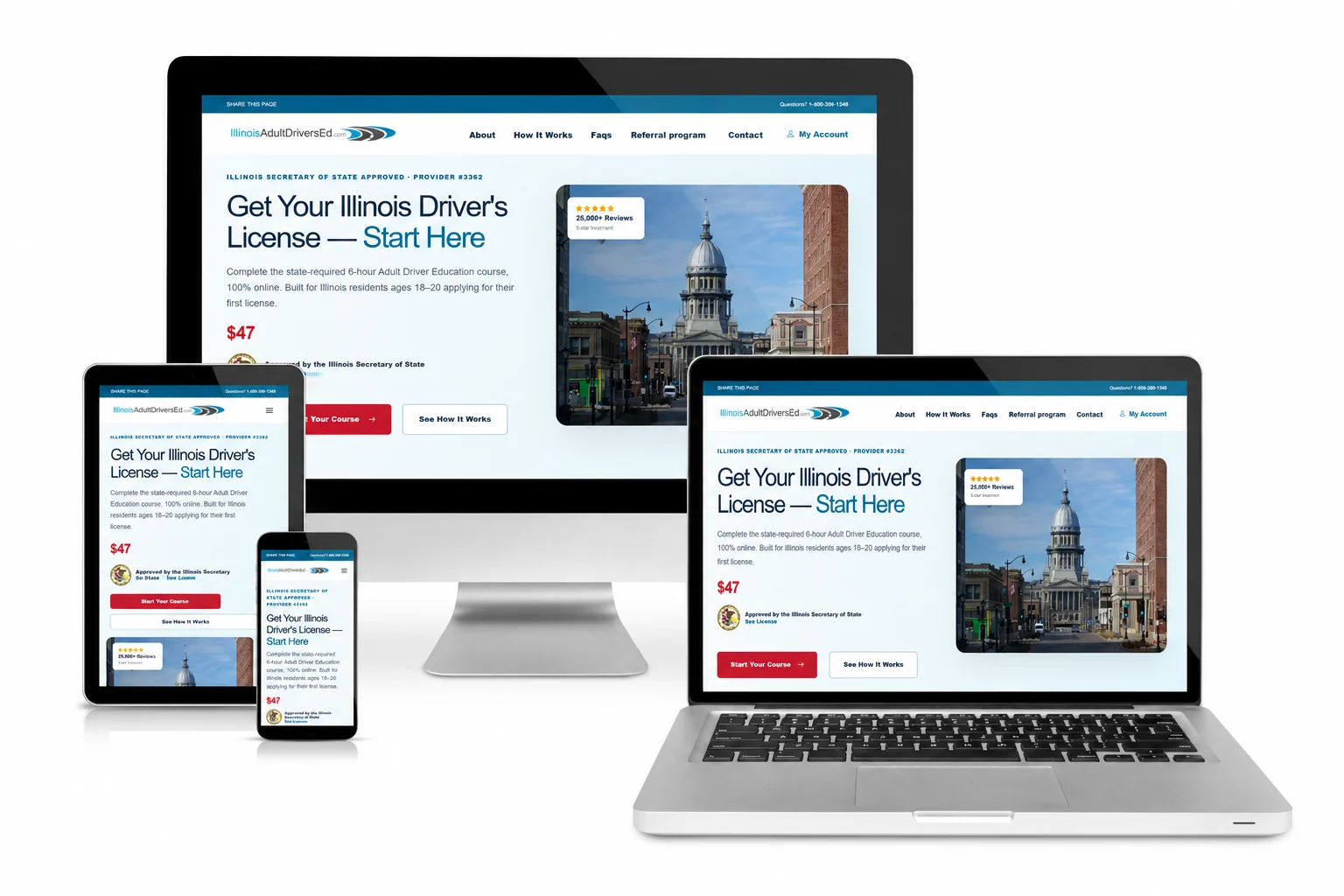IllinoisAdultDriversEd.com course shown across desktop, laptop, tablet, and phone screens